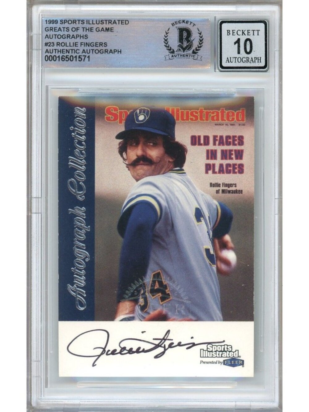 Rollie Fingers Signed 1999 Fleer Greats of Game #28 Brewers BAS Slab BGS Auto 10